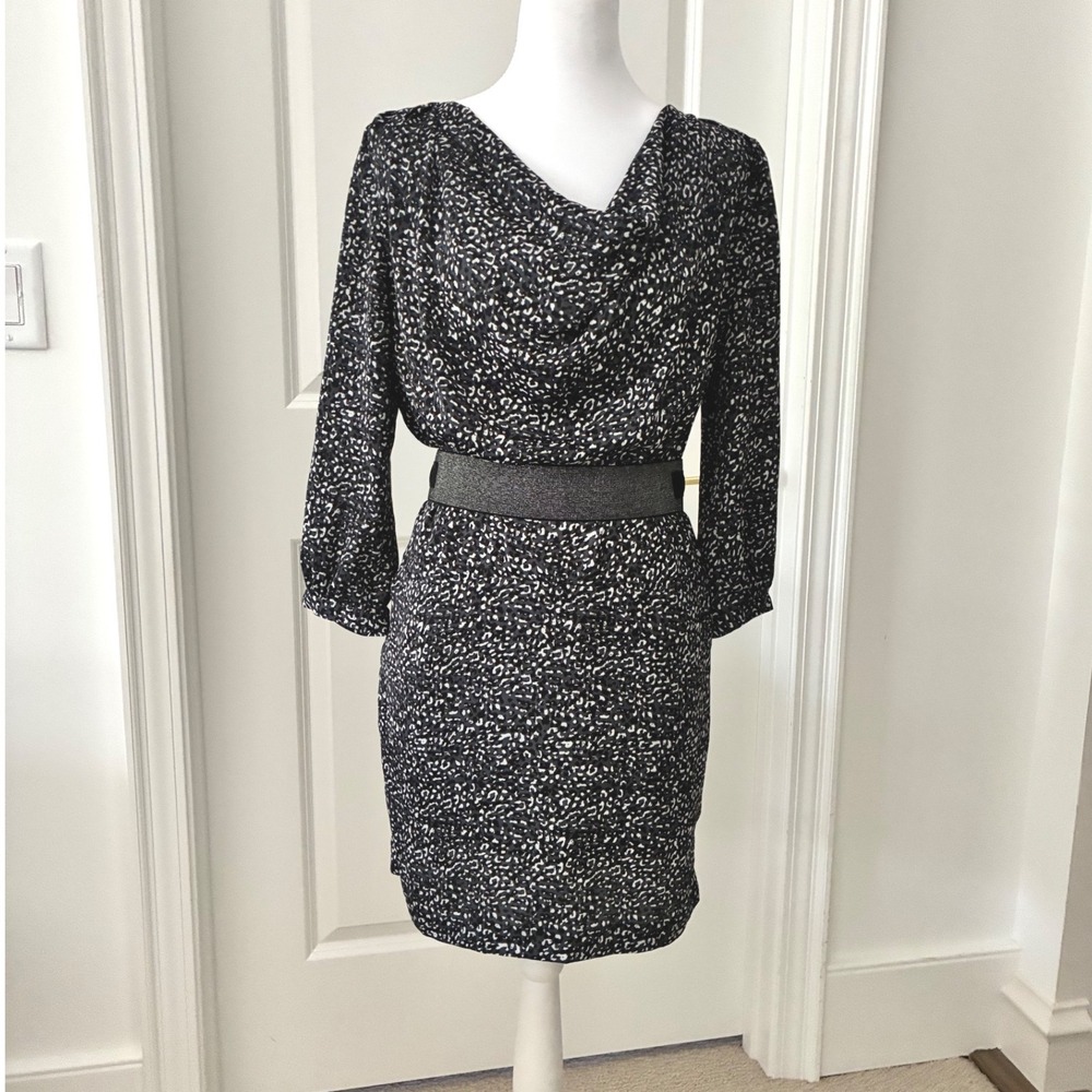 Mob Wife Leopard Print Cowl Neck Sheath Dress 90's Jeweled Belt‎ Black Print S